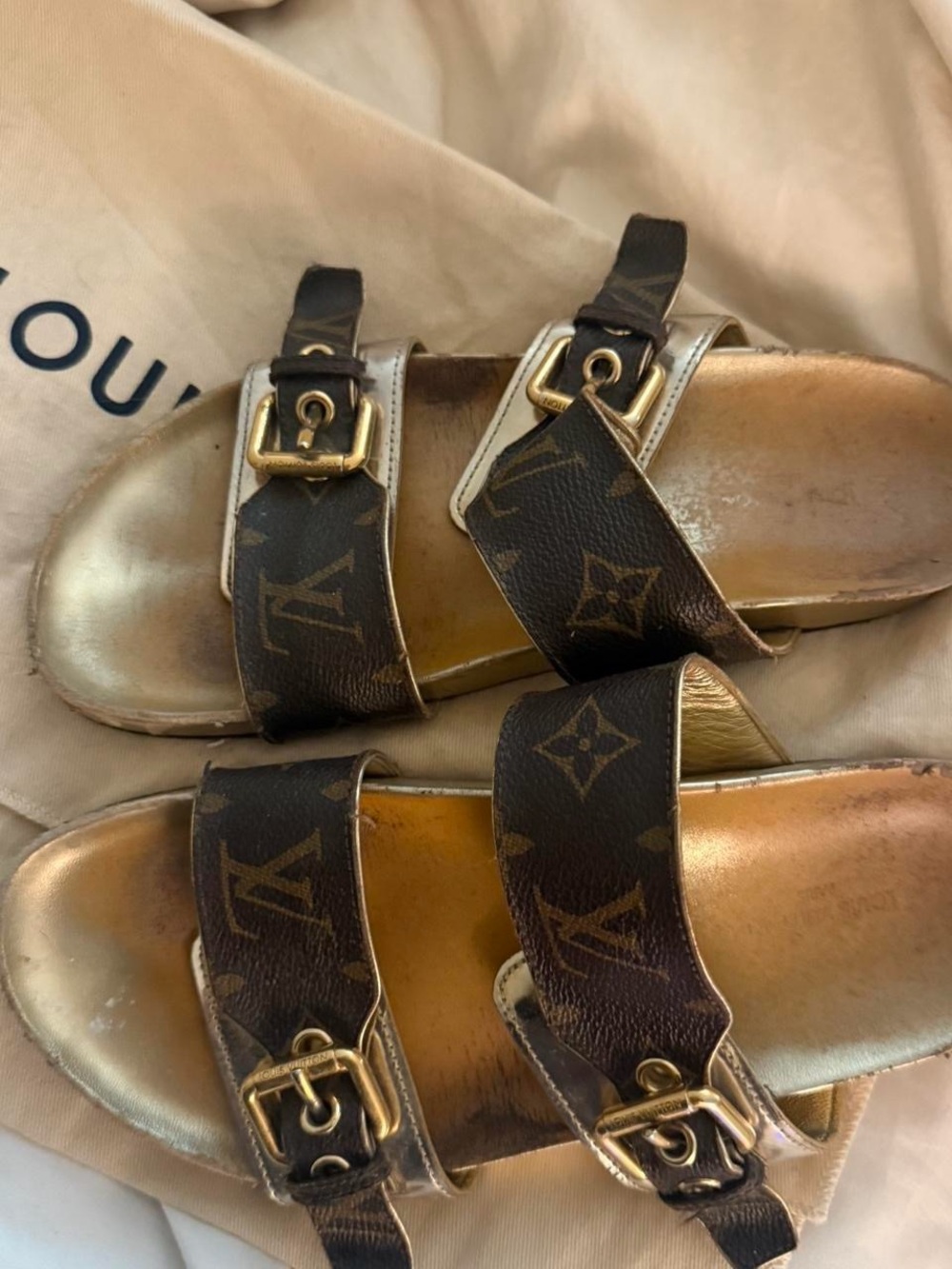 Louis Vuitton Monogram Buckle Slide Sandals - Brown/Gold